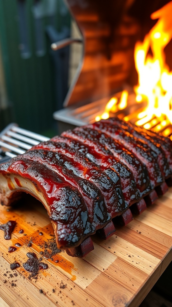 Grilled ribs with a dark seasoning on a wooden board, set against a BBQ backdrop.